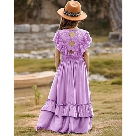BIBIHOU Girls Lace Dress Ruffle Sleeve Boho Girl Dress, Lavender 6Y - Picture 6 of 8